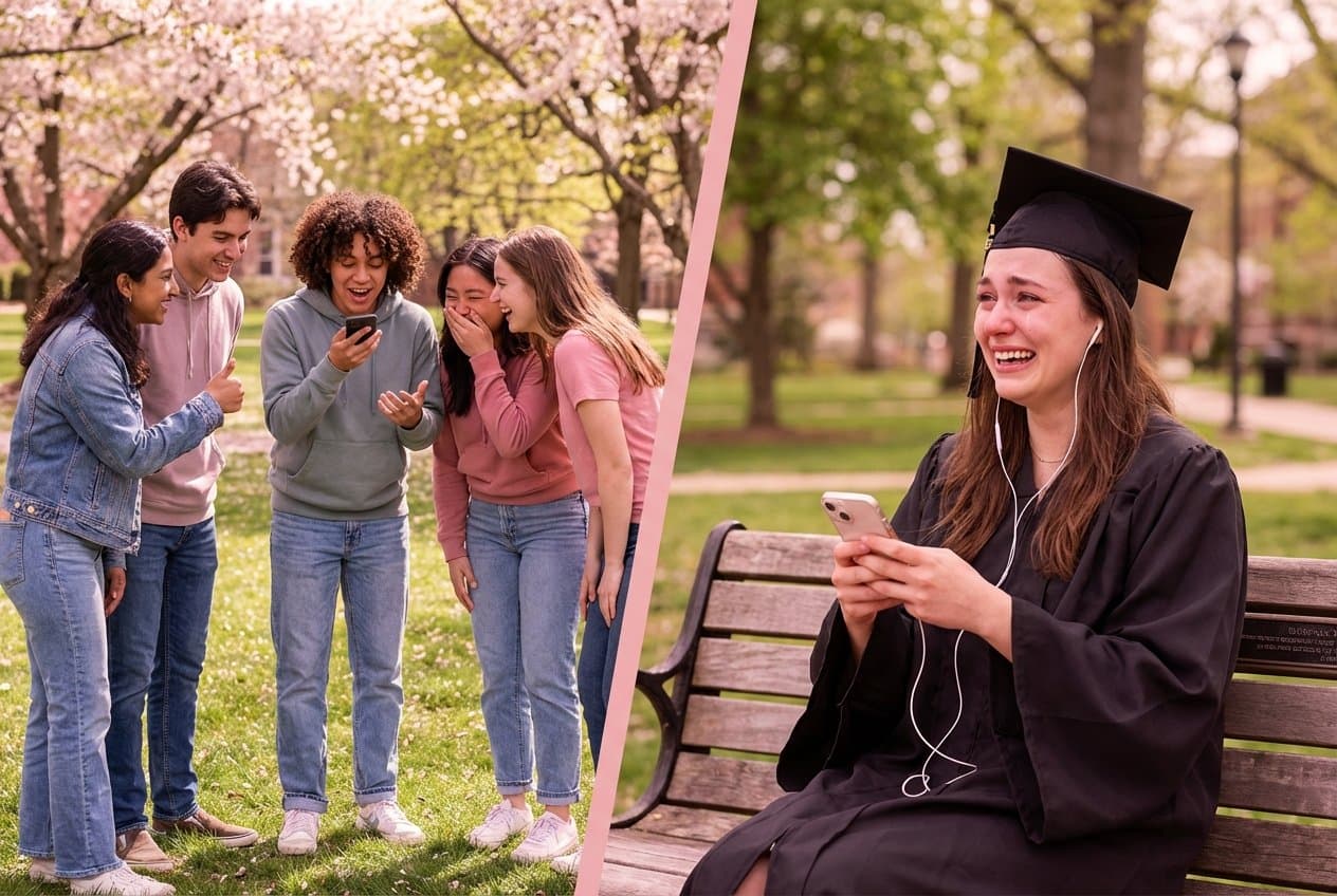 Friends recording a voice message on a phone while others watch, and a graduate listening with tears of joy