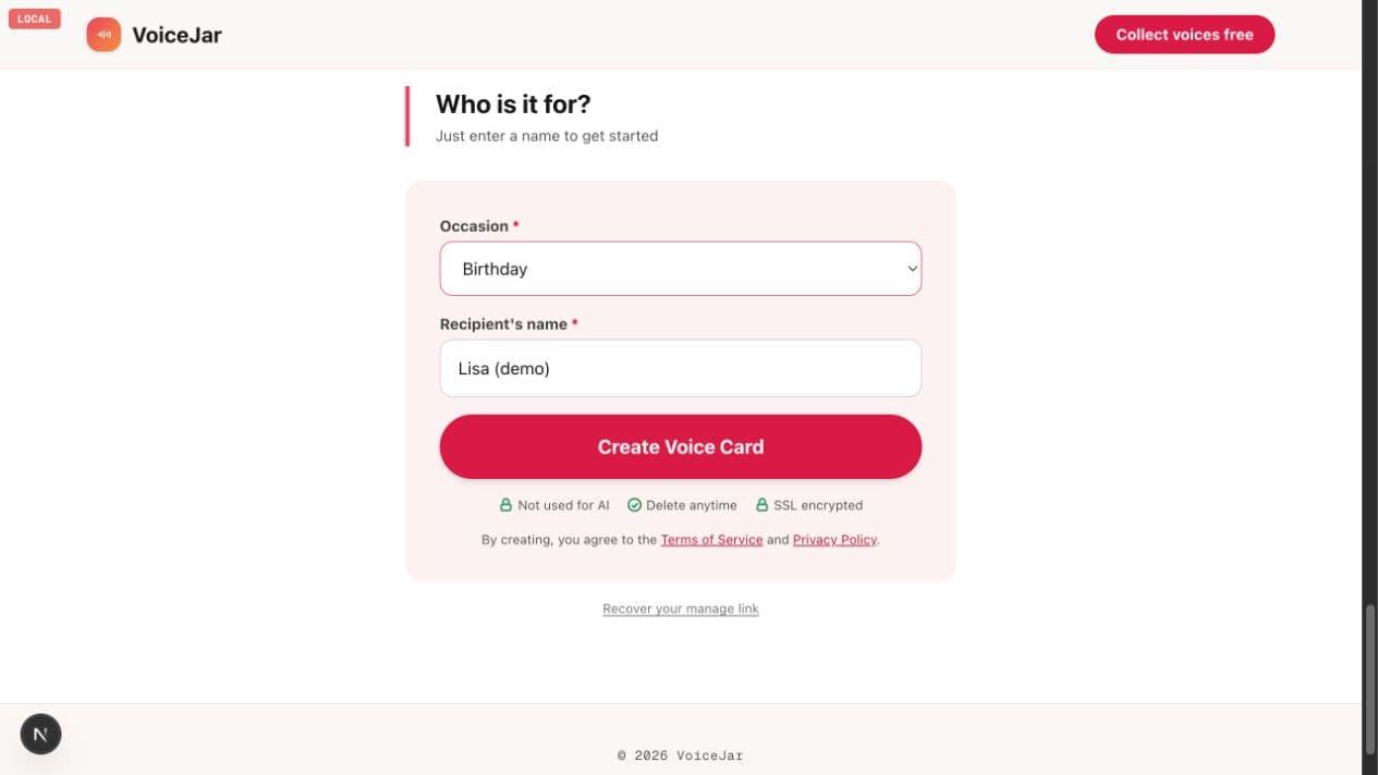 VoiceJar form with an occasion and recipient name