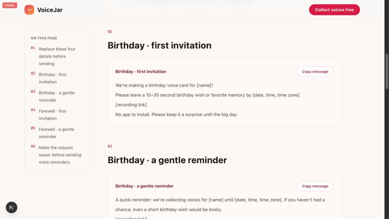 Copyable invitation template on the VoiceJar guide