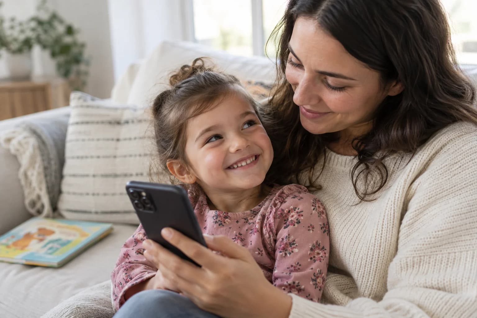 Illustration of a child enjoying a friend's voice message with a parent