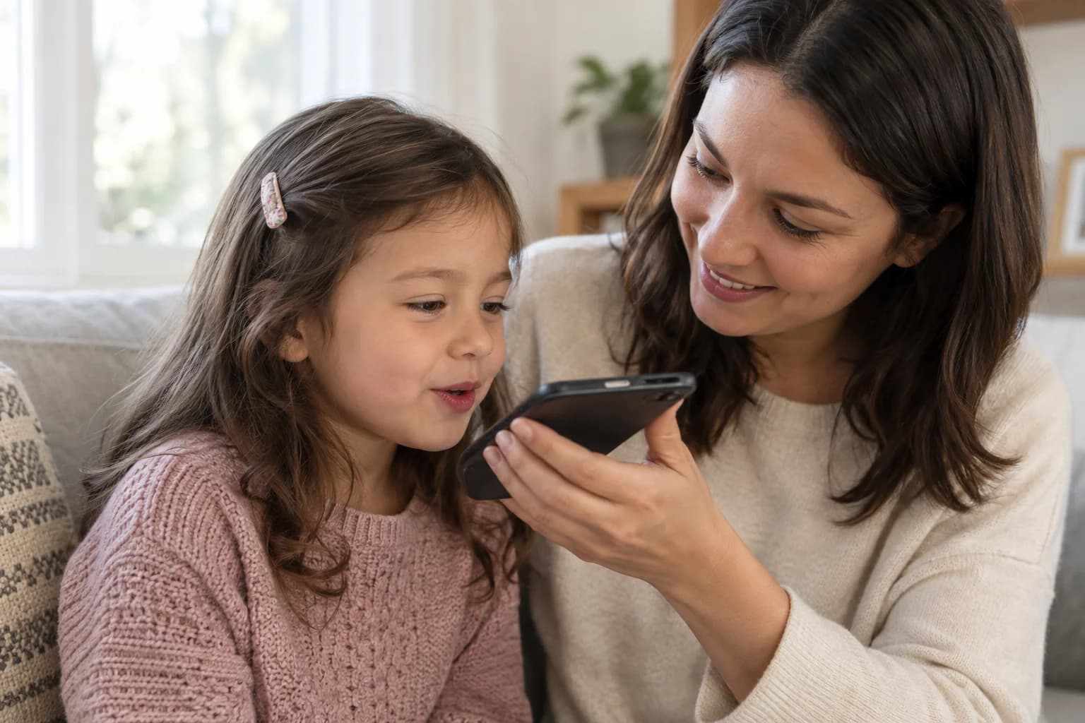 Illustration of a child recording a message with a parent's help