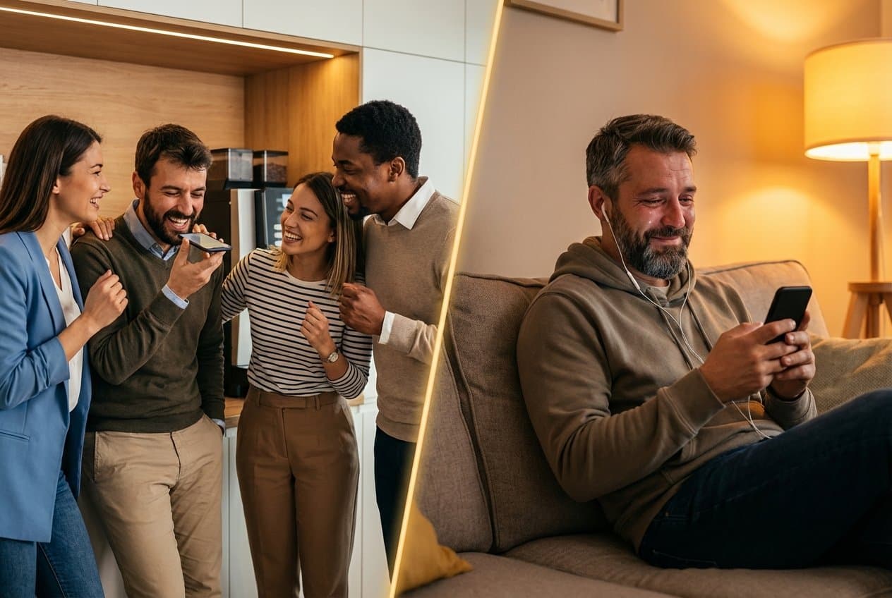 Colleagues recording farewell voice messages and the recipient listening