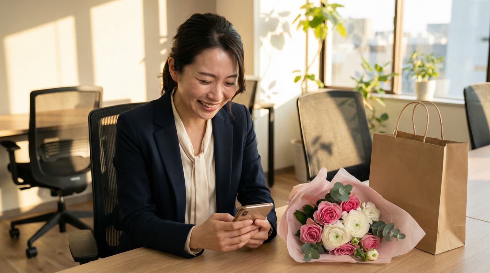 A woman moved by hearing voice messages on her phone